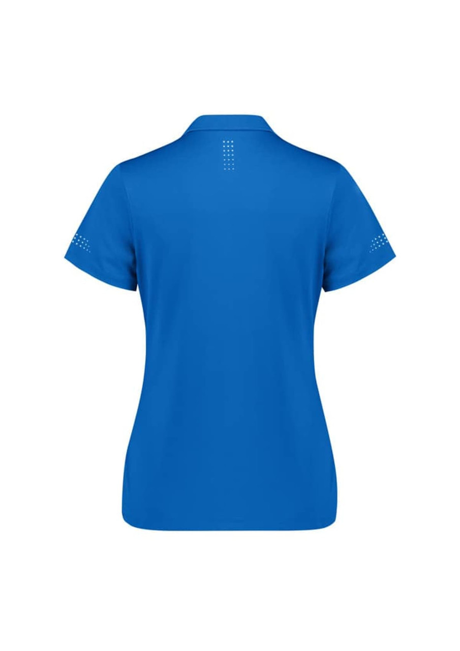 A women's short sleeve polo shirt in bright blue with a subtle logo and pattern detail on the sleeves and back.