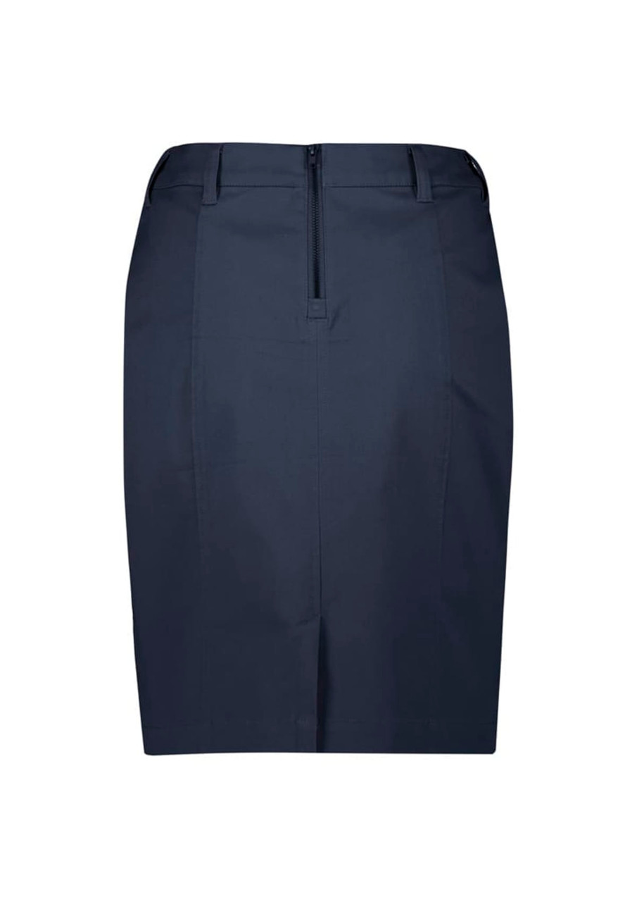 A dark navy mid waist stretch chino skirt with a back zipper and tailored design. Features a logo on the waistband.