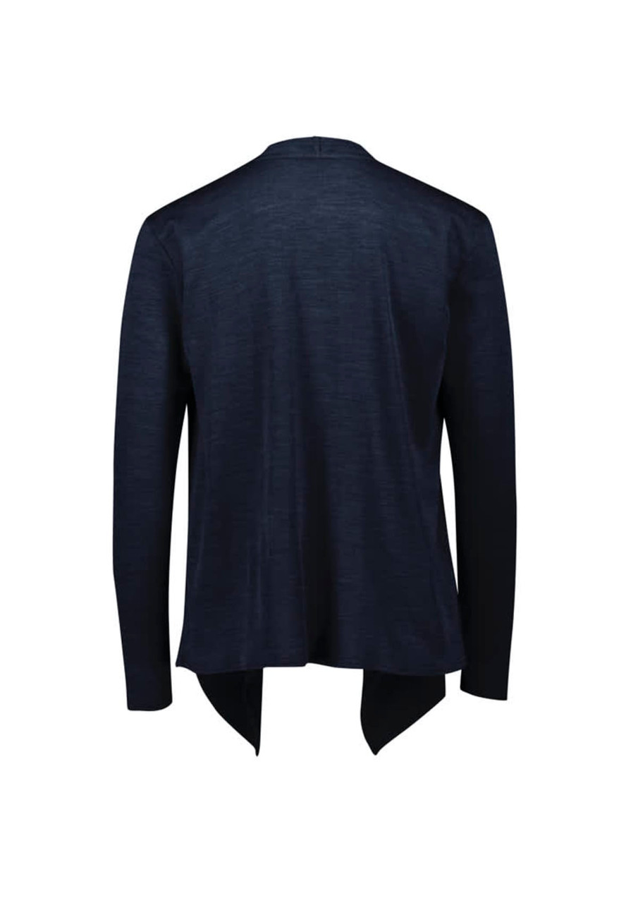 A women's navy waterfall cardigan featuring long sleeves and an open front design. It has a logo detail.