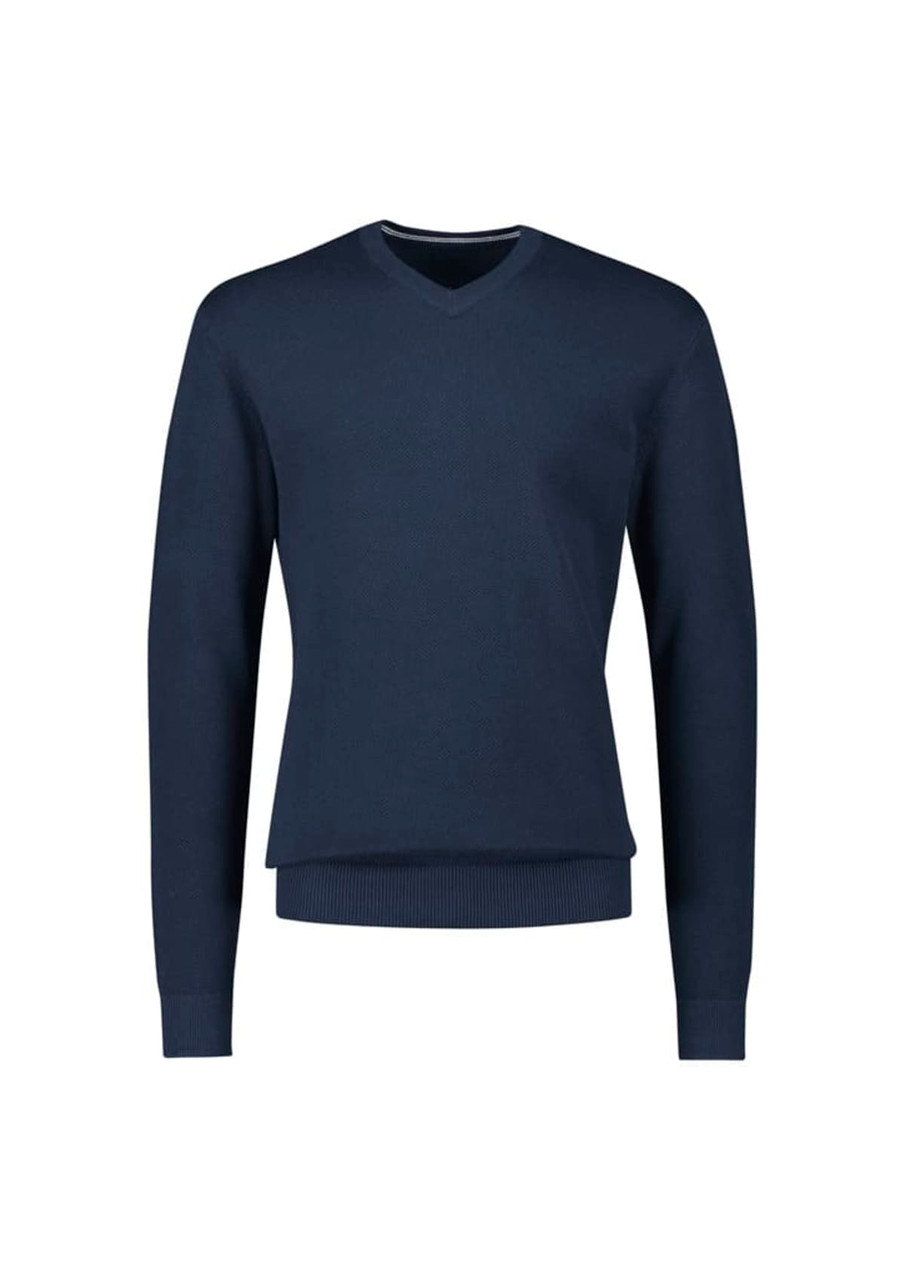 A navy knitted jumper featuring a V-neck design and long sleeves, complete with a branded logo.
