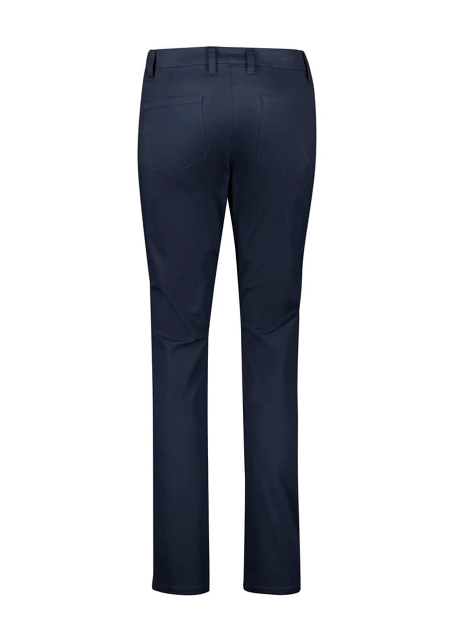 A pair of women's slim leg stretch chino pants in navy blue, featuring a back view with two pockets and a logo.
