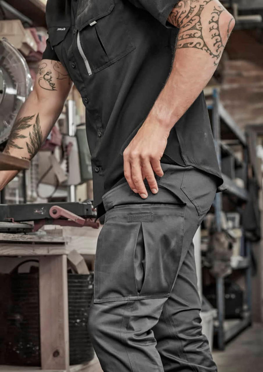 Men's essential basic stretch cargo pant in grey, featuring multiple pockets and a fitted design. 