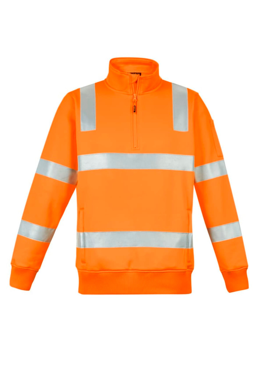 A bright orange unisex pullover featuring reflective stripes and a 1/4 zip, ideal for workwear applications.