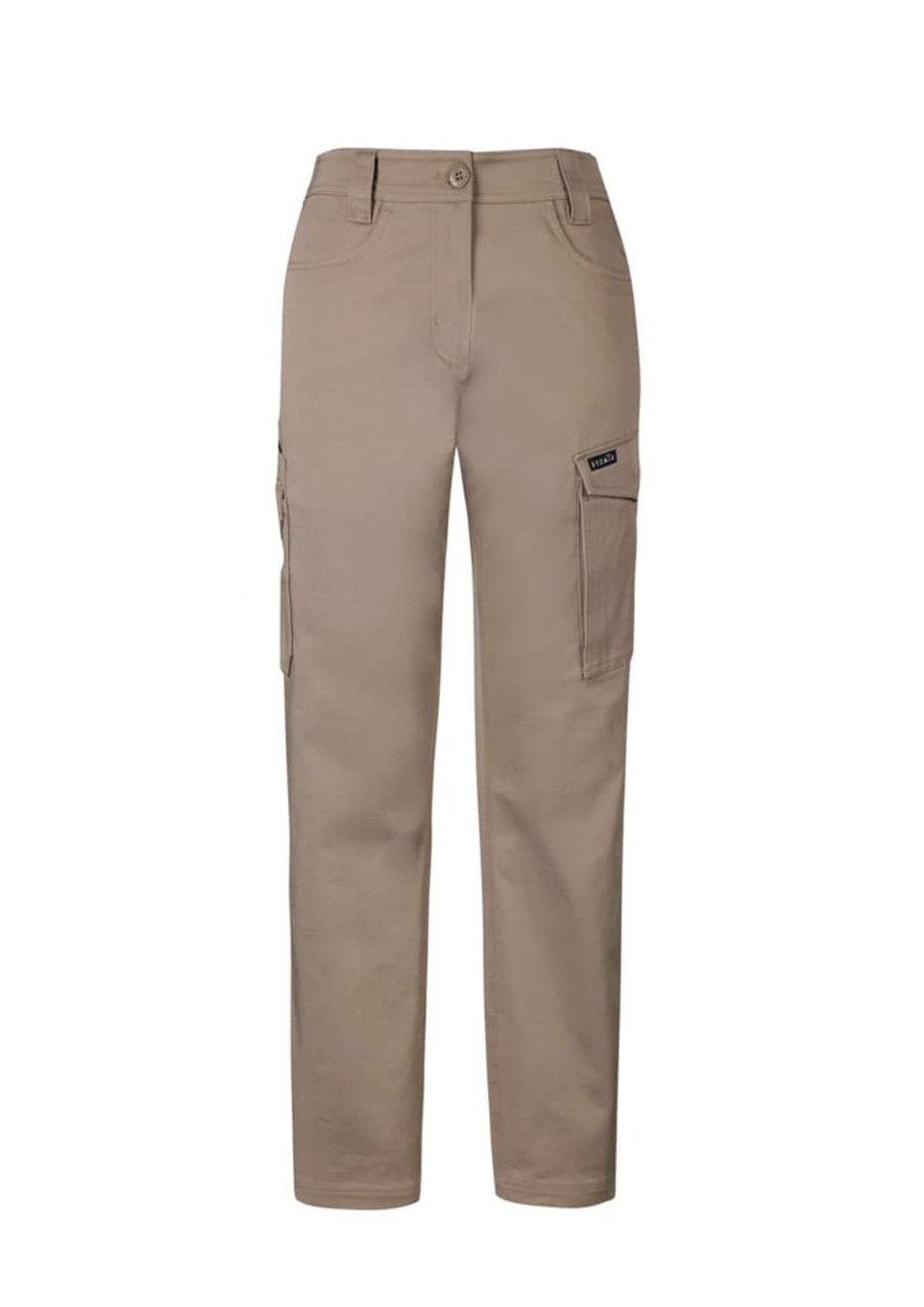 Khaki women's essential basic stretch cargo pants with multiple pockets and a logo branding on the side.