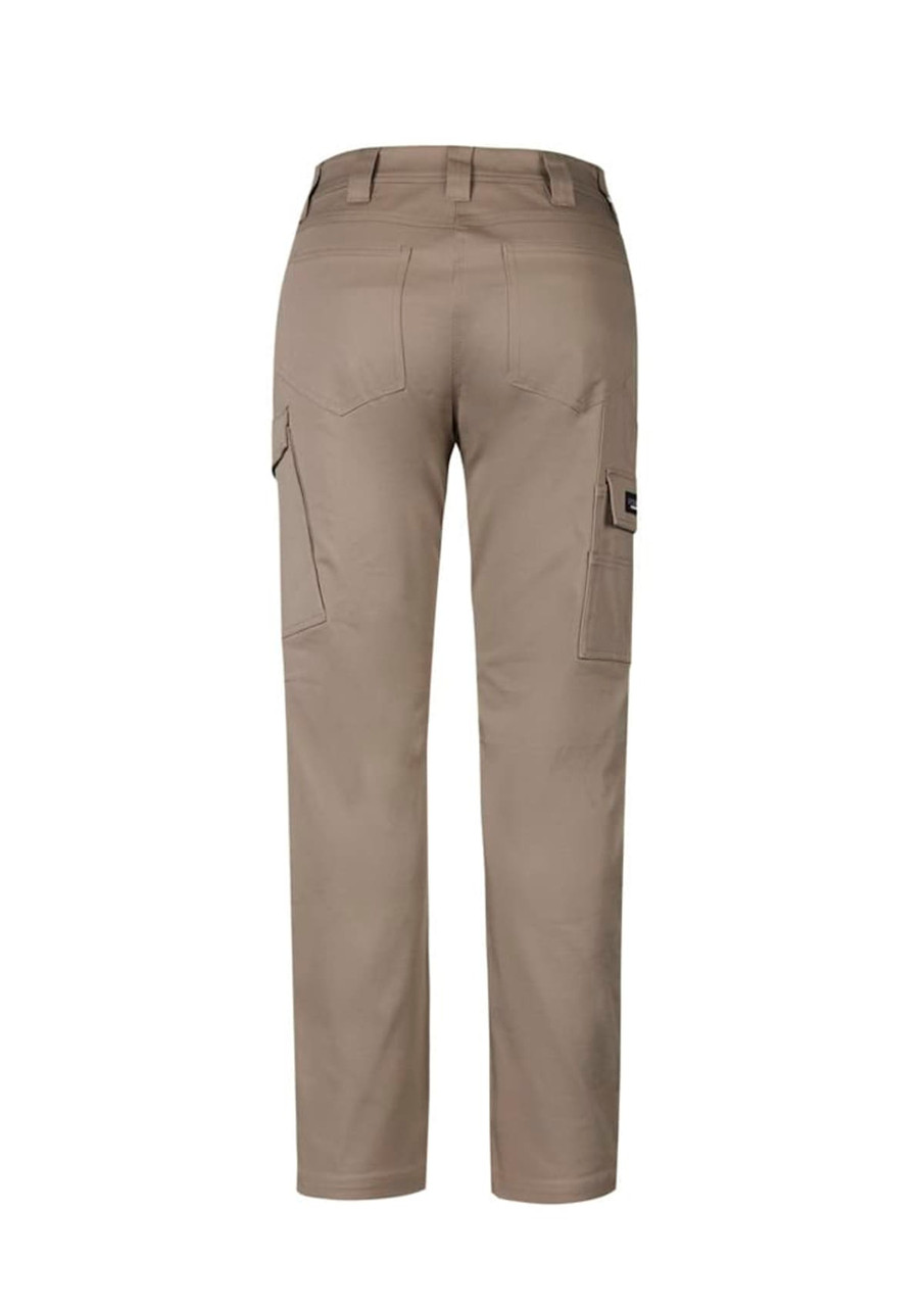 A pair of women's cargo pants in a khaki colour, showcasing back pockets and a logo.