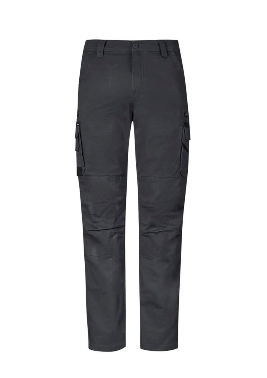 A pair of dark grey work pants featuring cargo pockets and a brand logo. Suitable for workwear.