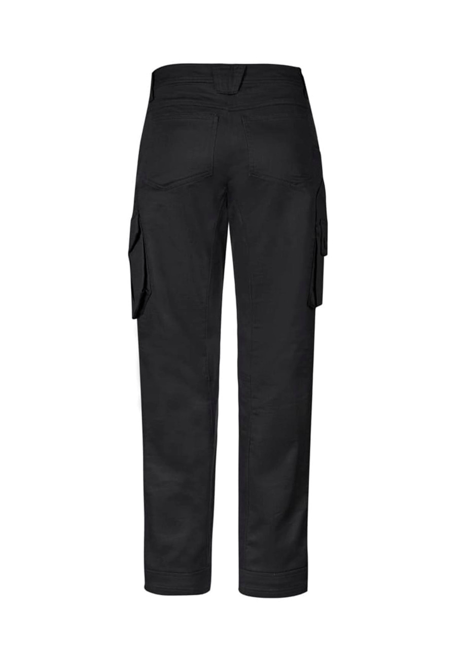 A pair of black cargo pants with side pockets, featuring a relaxed fit and stretch fabric.