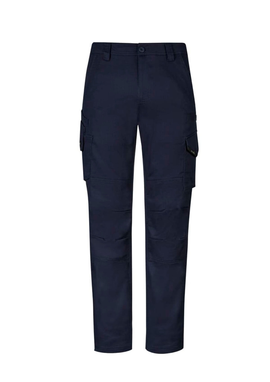 Men's cargo pants in navy blue with multiple pockets and a fitted design. Features branding on the side.