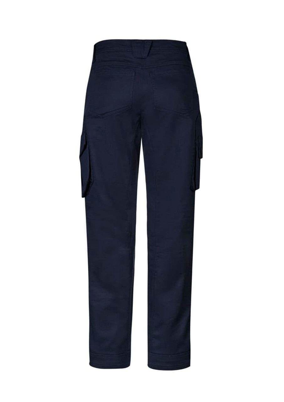 Navy cargo pants with a rugged design and stretch fabric, featuring side pockets and a logo on the back.