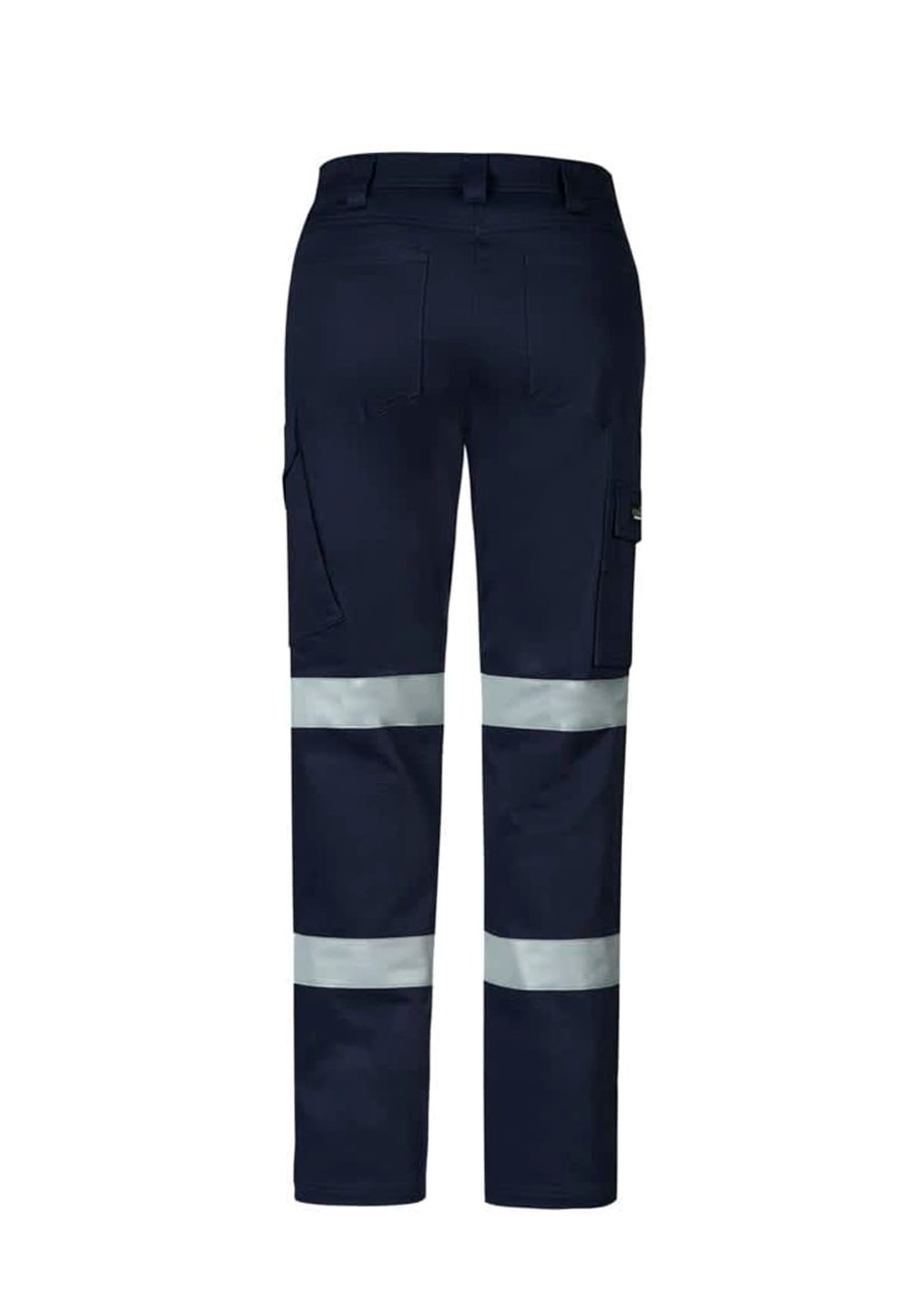 Navy cargo pants featuring reflective stripes and multiple pockets, with a branding logo on the side.