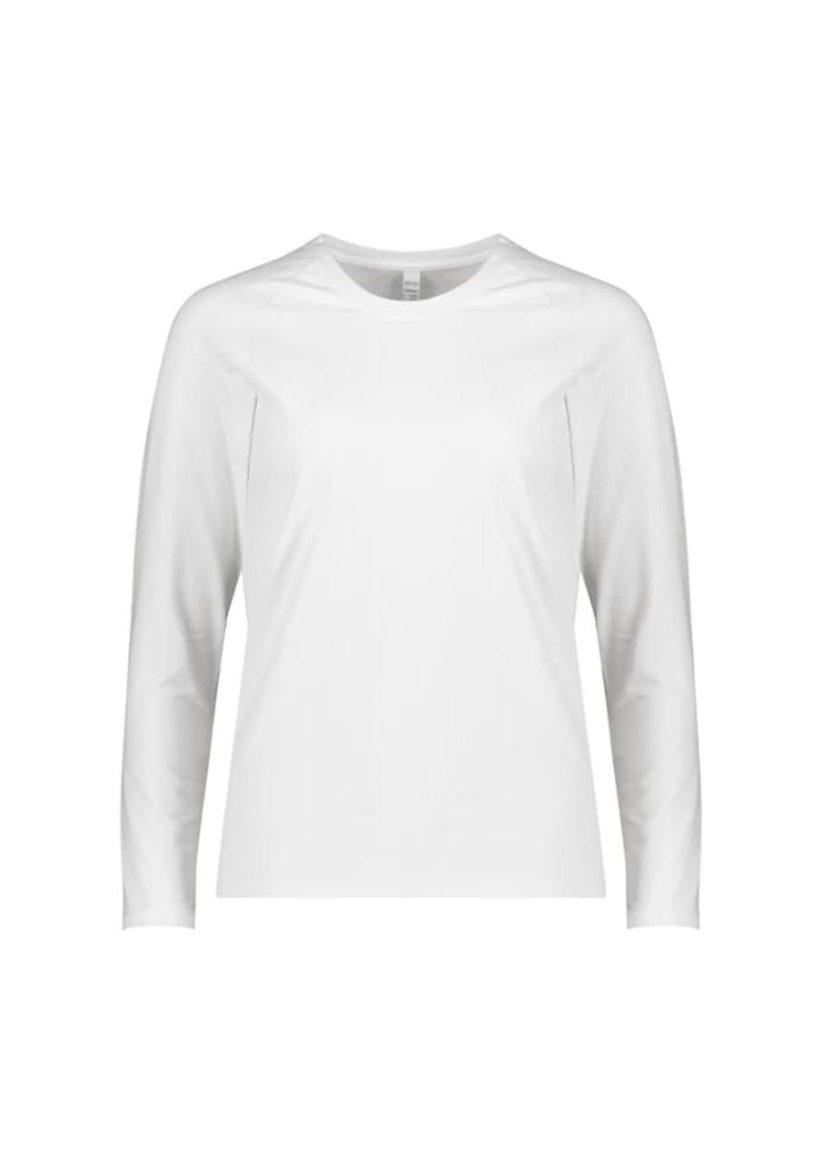 A white long sleeve women's performance tee with a simple design and a logo on the front.