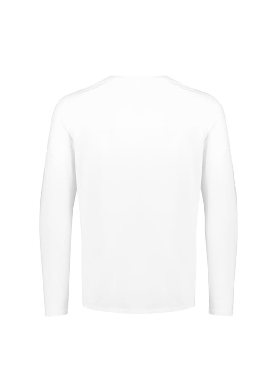 A white long sleeve men's performance tee, featuring a plain design and a branding logo.