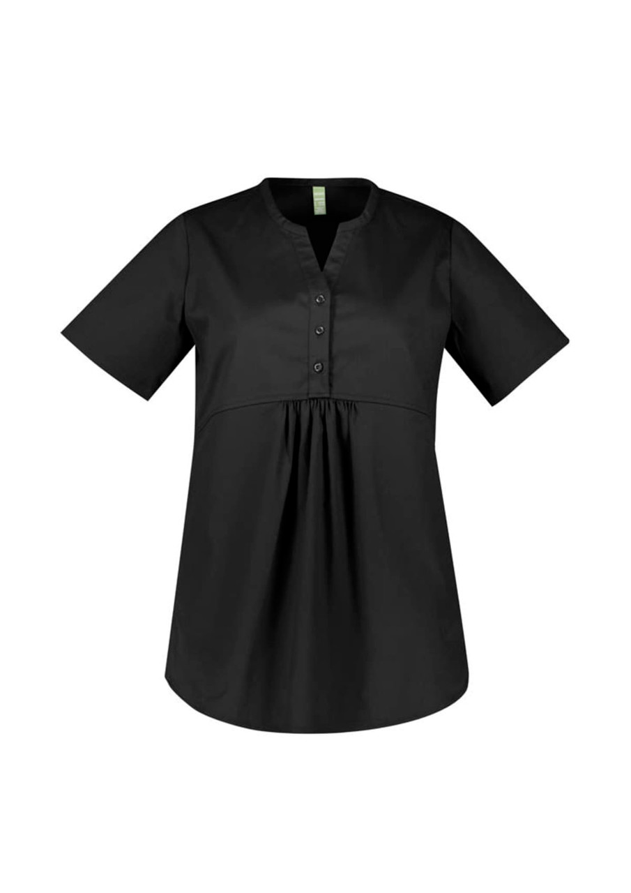A black women's tunic scrub top featuring a buttoned placket and short sleeves with a gathered waist.