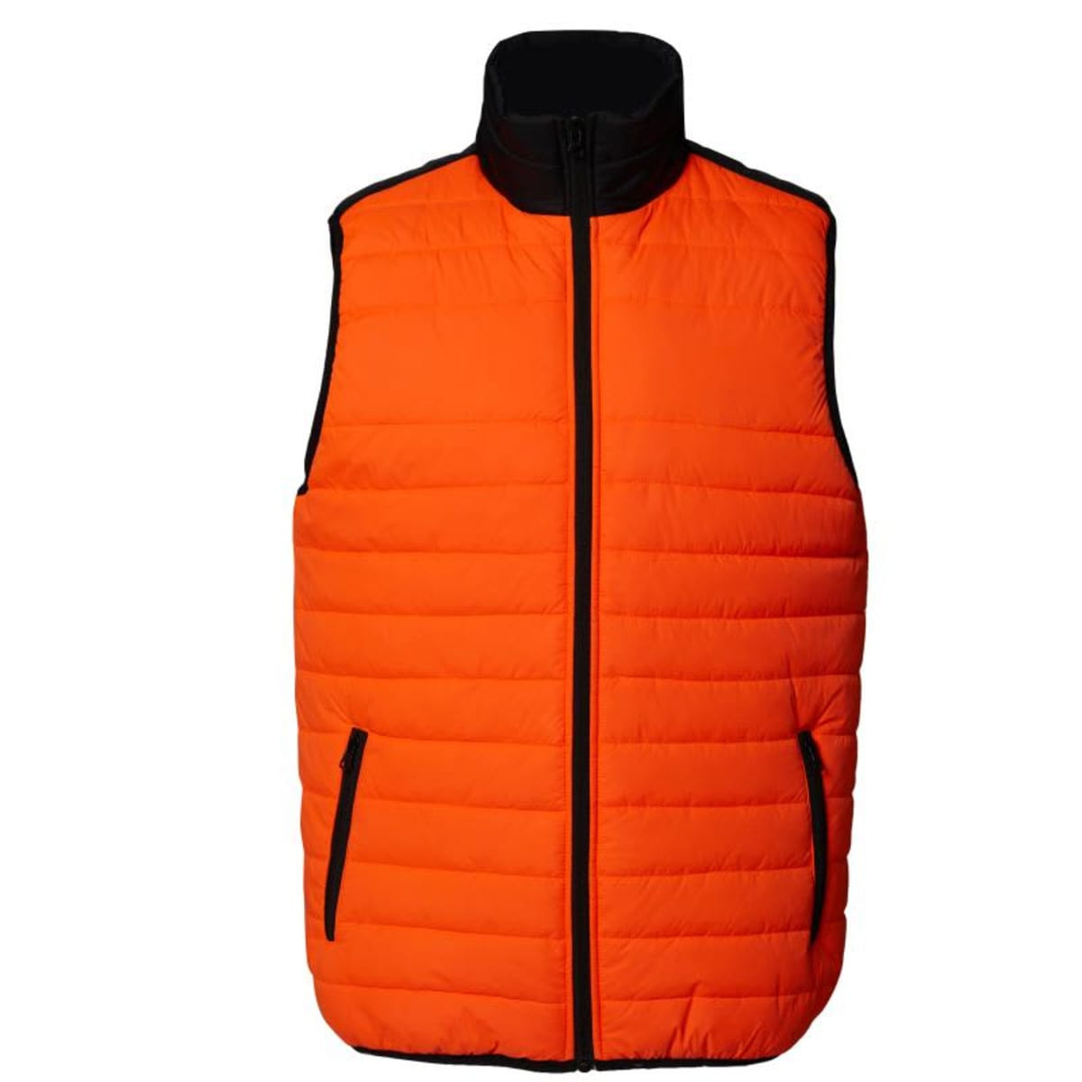 An orange high-visibility vest with a zip front and black trim, featuring two side pockets and a collar.