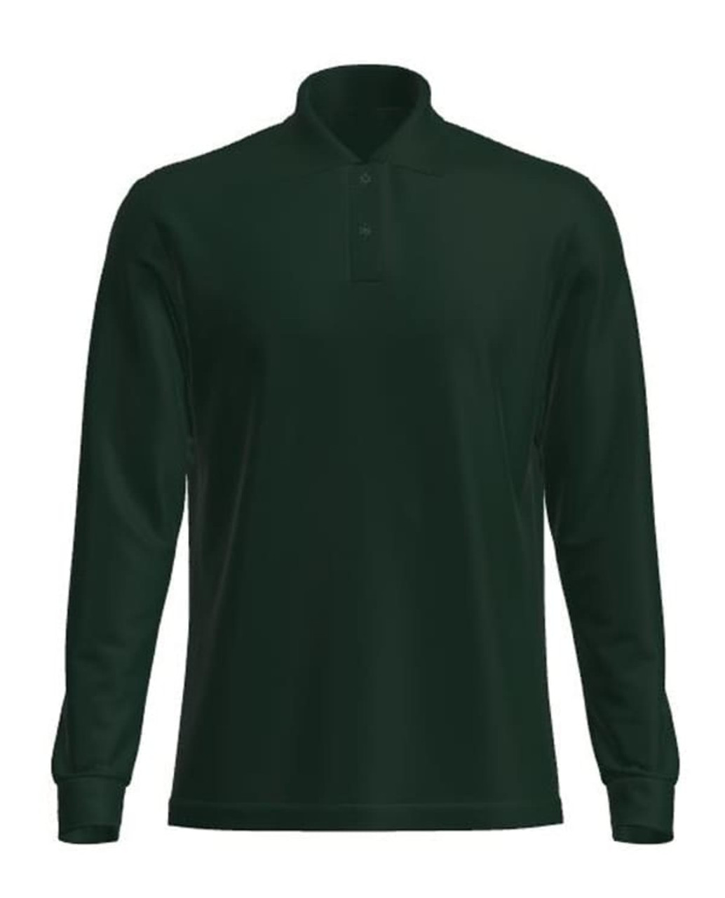 A long-sleeve polo shirt in dark green, featuring a collar and a logo.