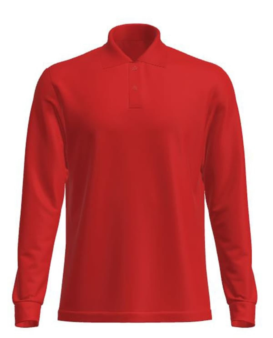 A red long sleeve polo shirt featuring a collar and buttons, with a logo on the front.