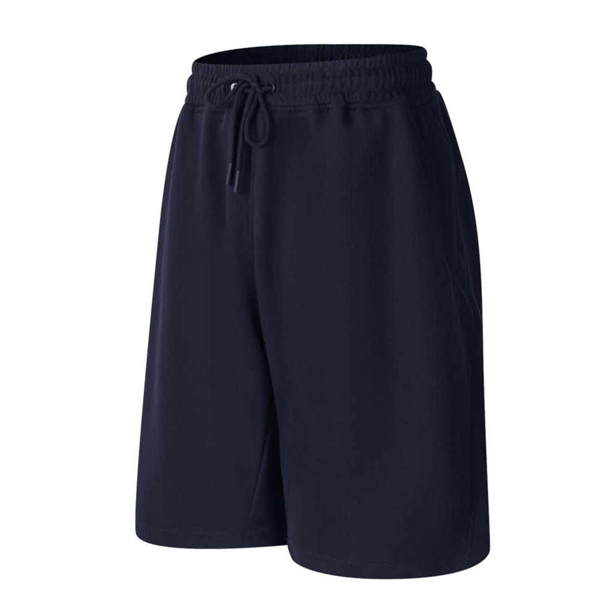 Navy Terry fleece track shorts with an elastic waistband and drawstring. Features a logo on the garment.