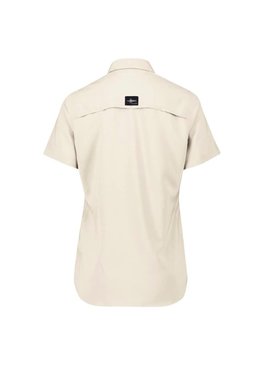A light beige women's outdoor short sleeve shirt with a back yoke and logo.