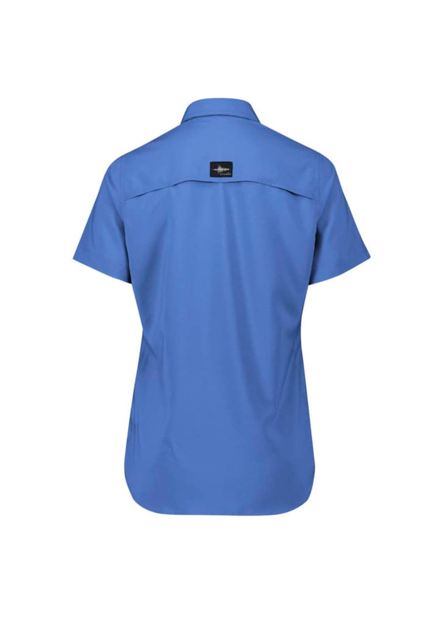 A women's outdoor short sleeve shirt in blue, featuring a back yoke and a brand logo.