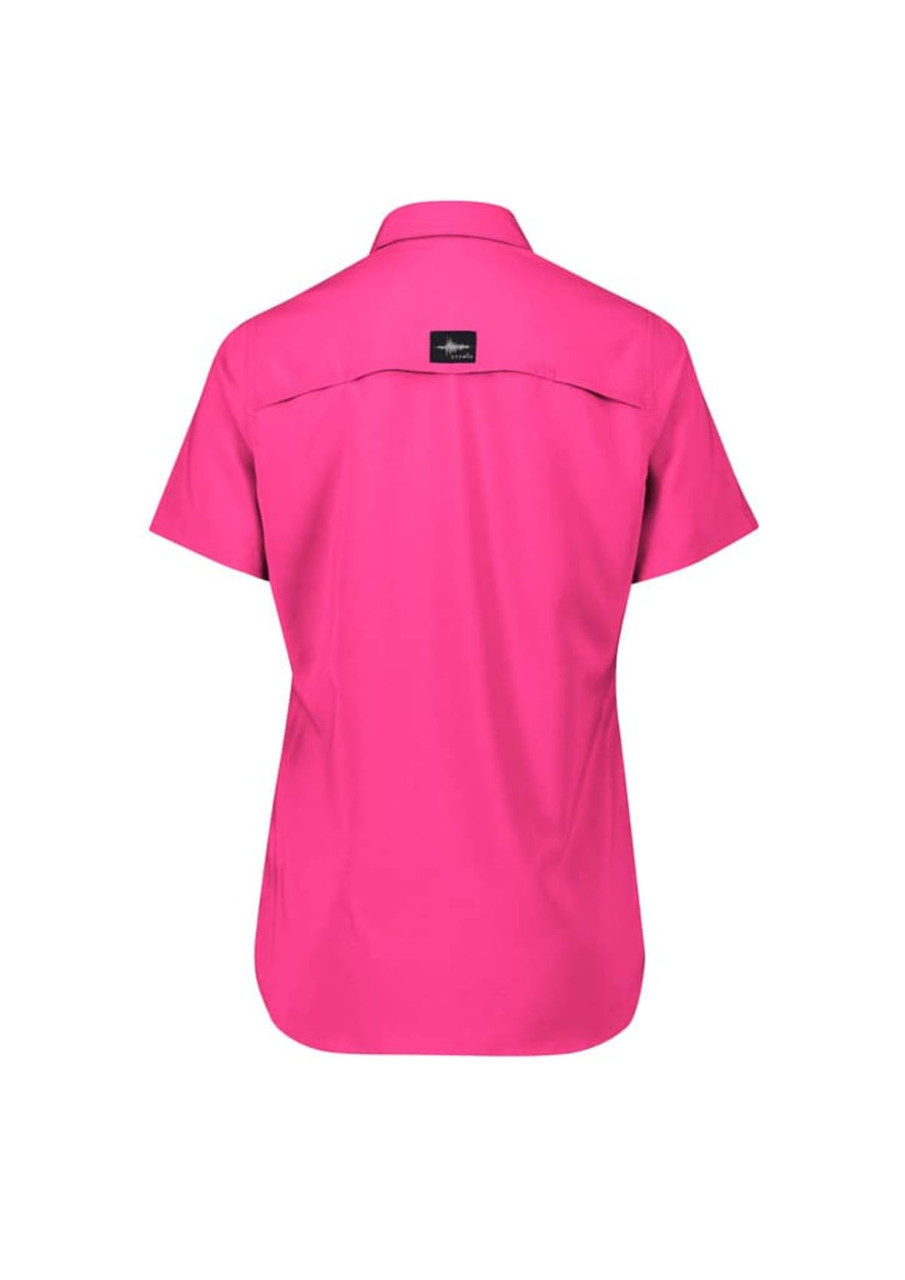 A women's outdoor short sleeve shirt in bright pink, featuring a logo on the back.
