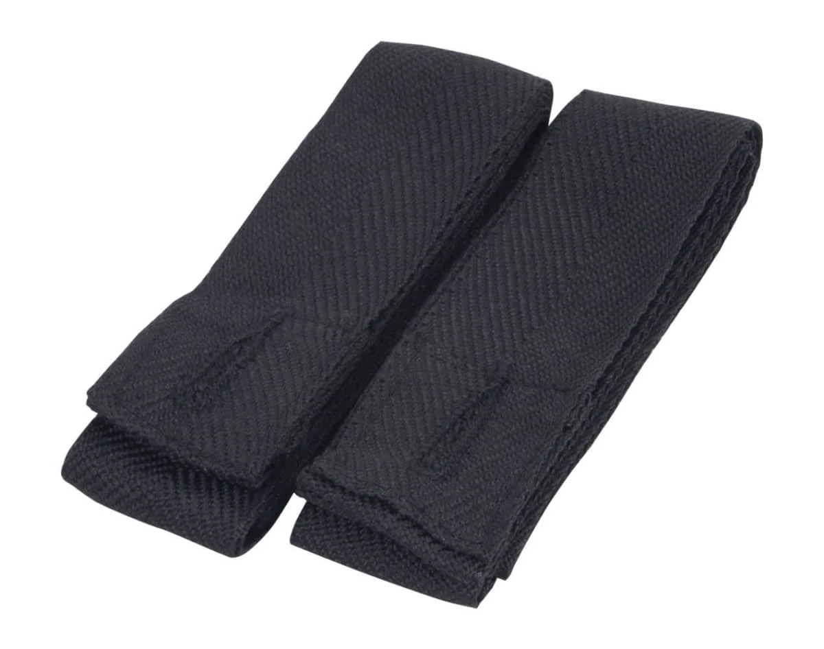 Black changeable apron straps with a textured finish, designed for workwear use. The image includes a branding logo.