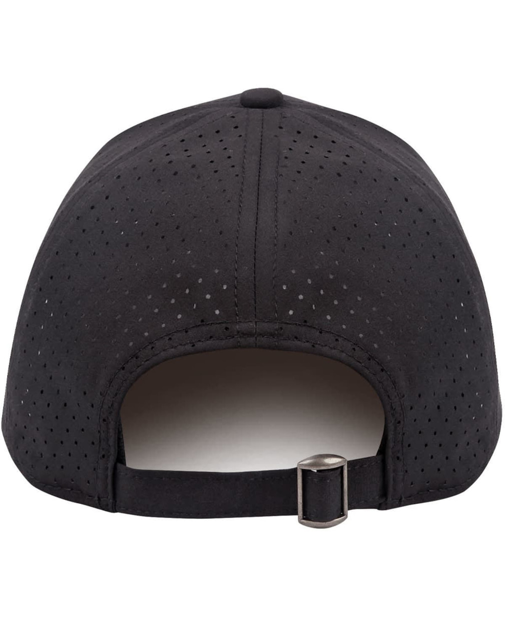 A black runner's cap featuring a perforated design and an adjustable strap at the back.