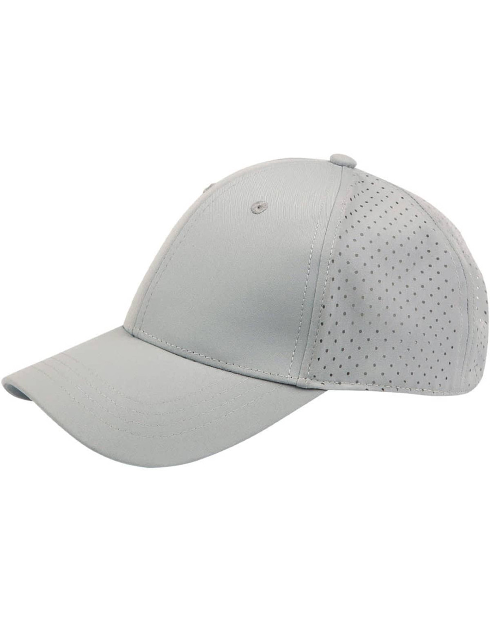 A grey cap with laser-cut ventilation and a curved peak, featuring a logo on the front.