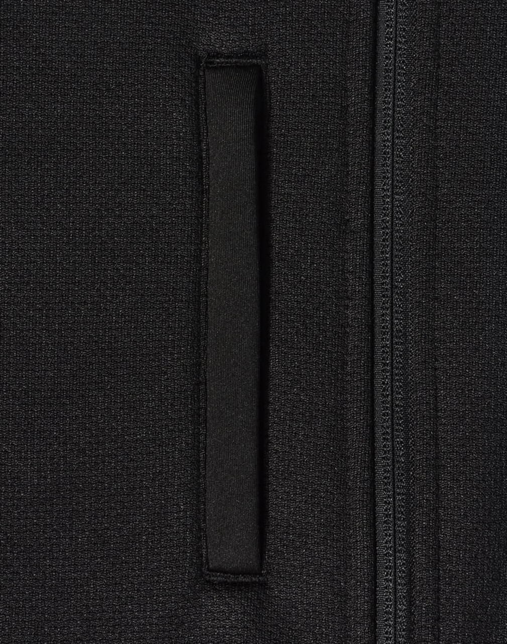 A black fleece jacket featuring a zippered pocket and a smooth texture. It has a simple design with a logo.