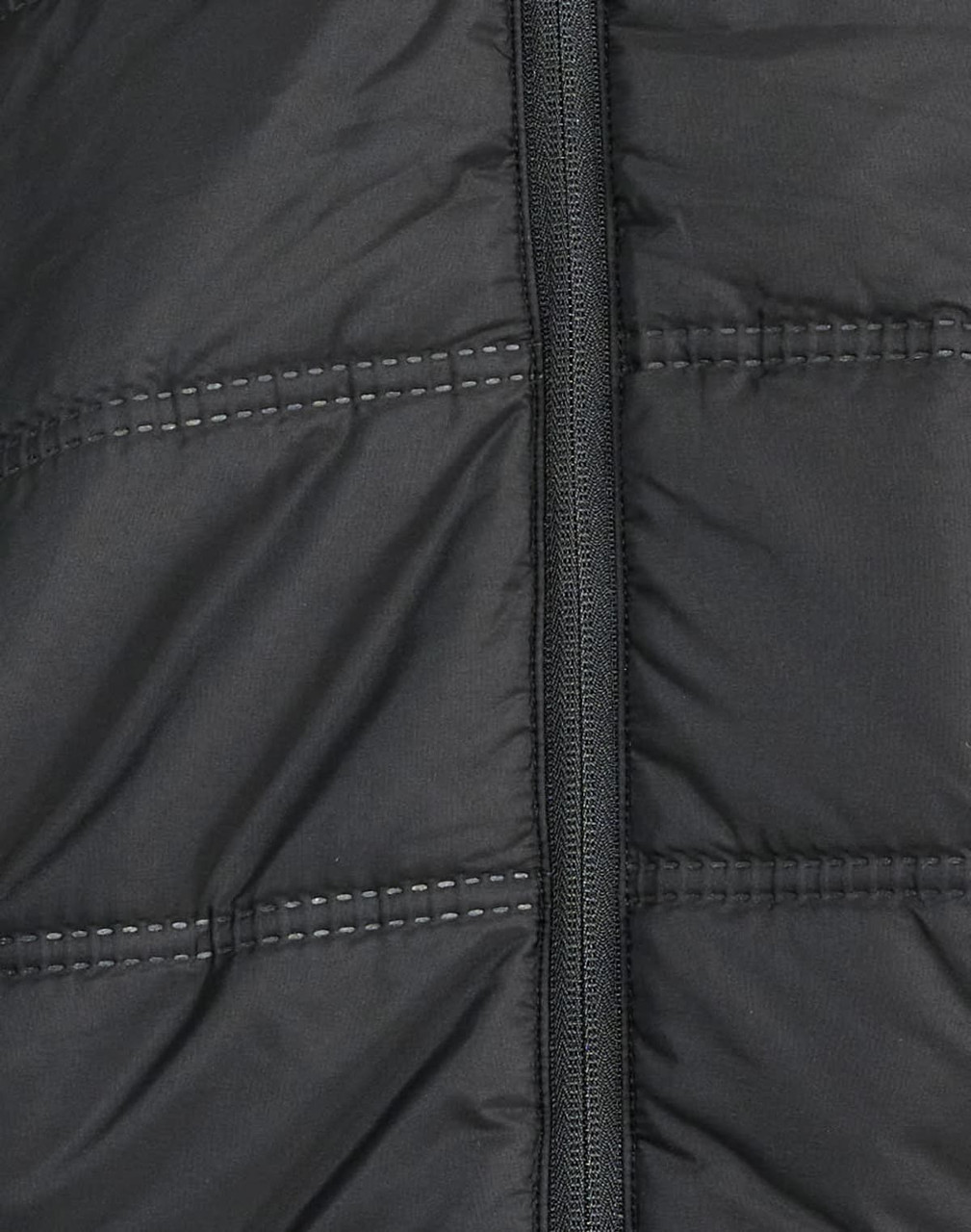 A close-up of a black, unisex sustainable parka jacket featuring a seamless design and zip closure.