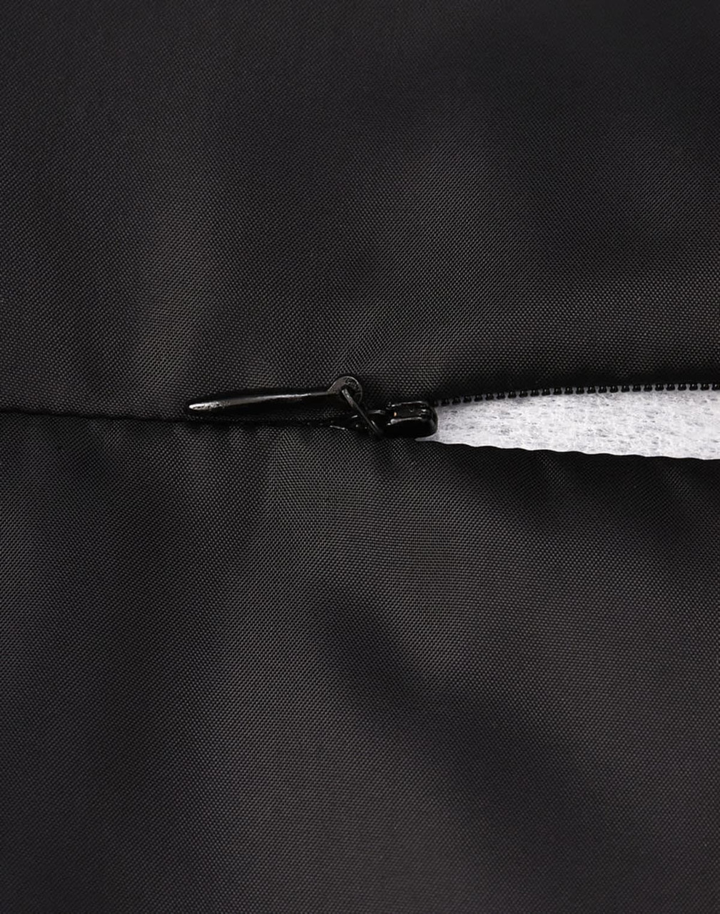 A close-up of a black parka jacket featuring a zipper and seamless design. It includes a logo on the fabric.