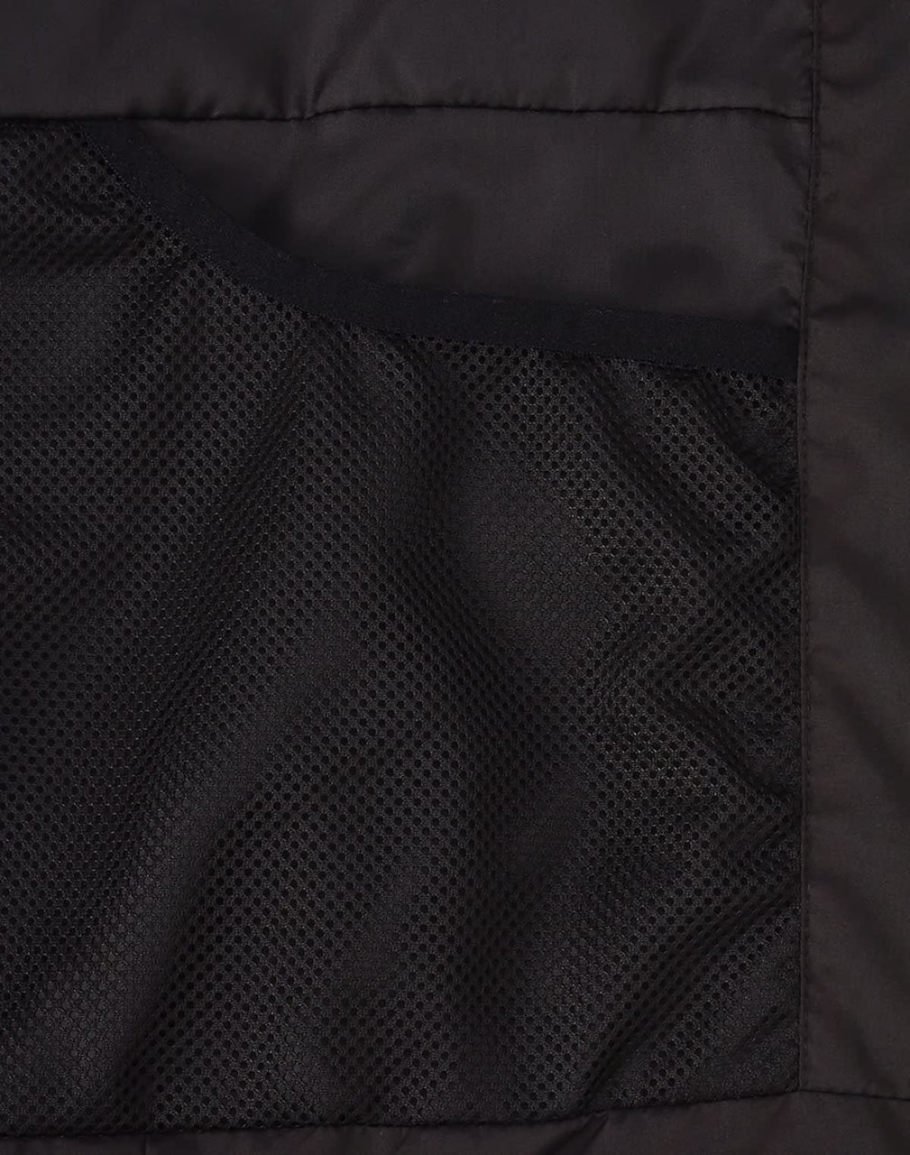 A black parka jacket featuring a textured inner pocket and smooth exterior materials. Includes a logo.