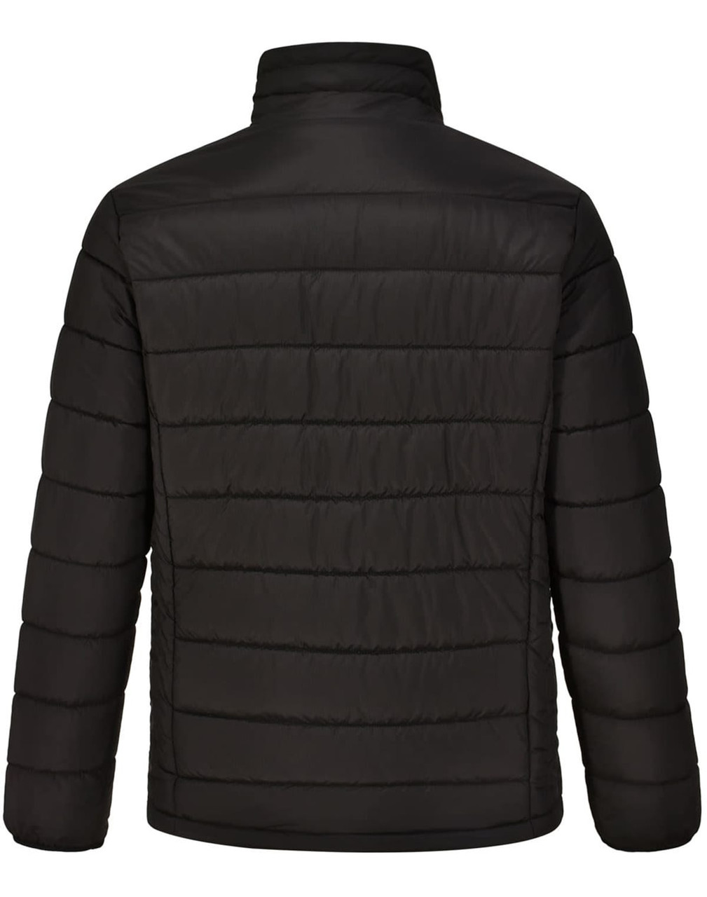 A black men's sustainable insulated puffer jacket with a 3D cut, featuring a sleek, quilted design.