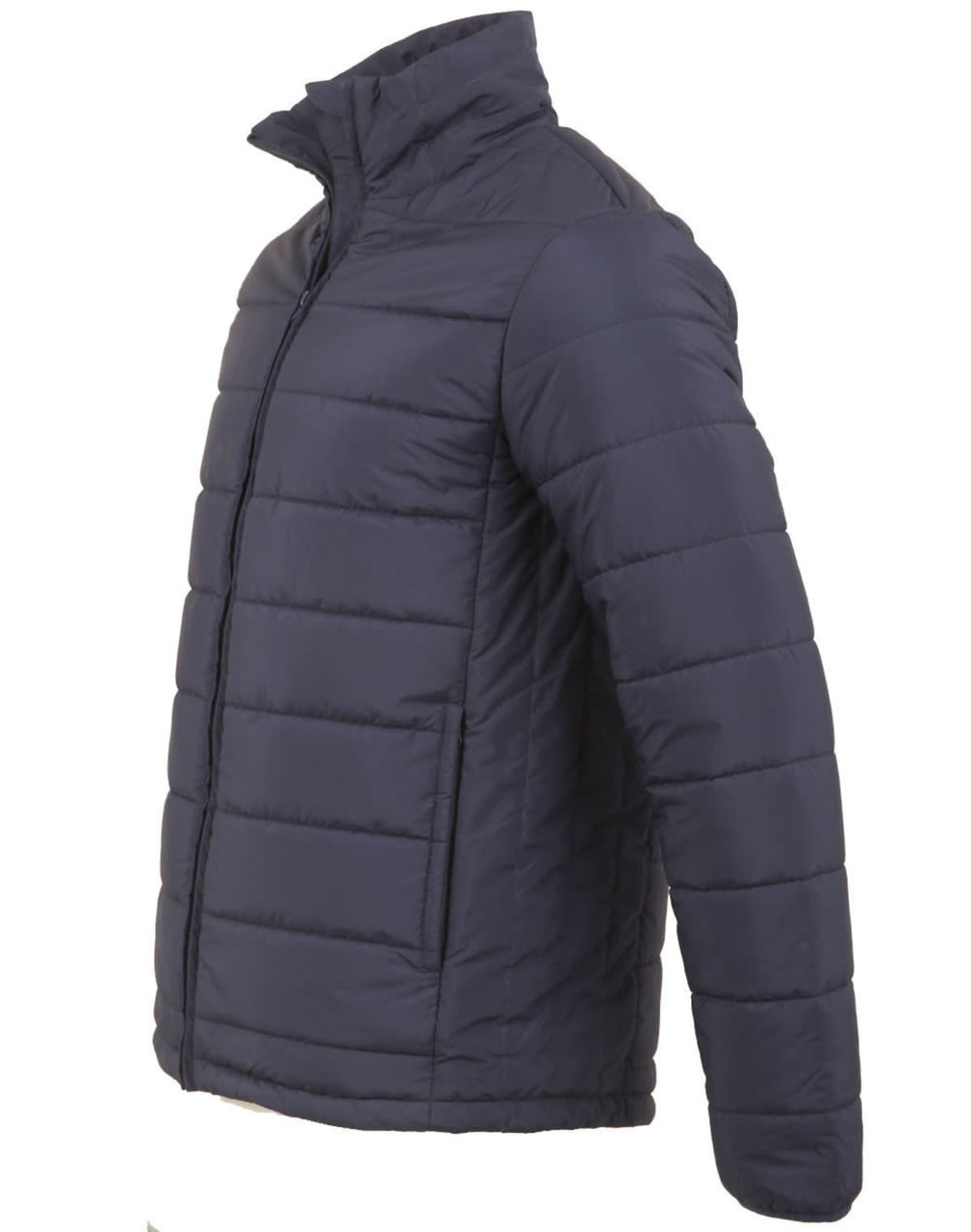 A navy men's sustainable insulated puffer jacket with a 3D cut, featuring a high collar and zip front.