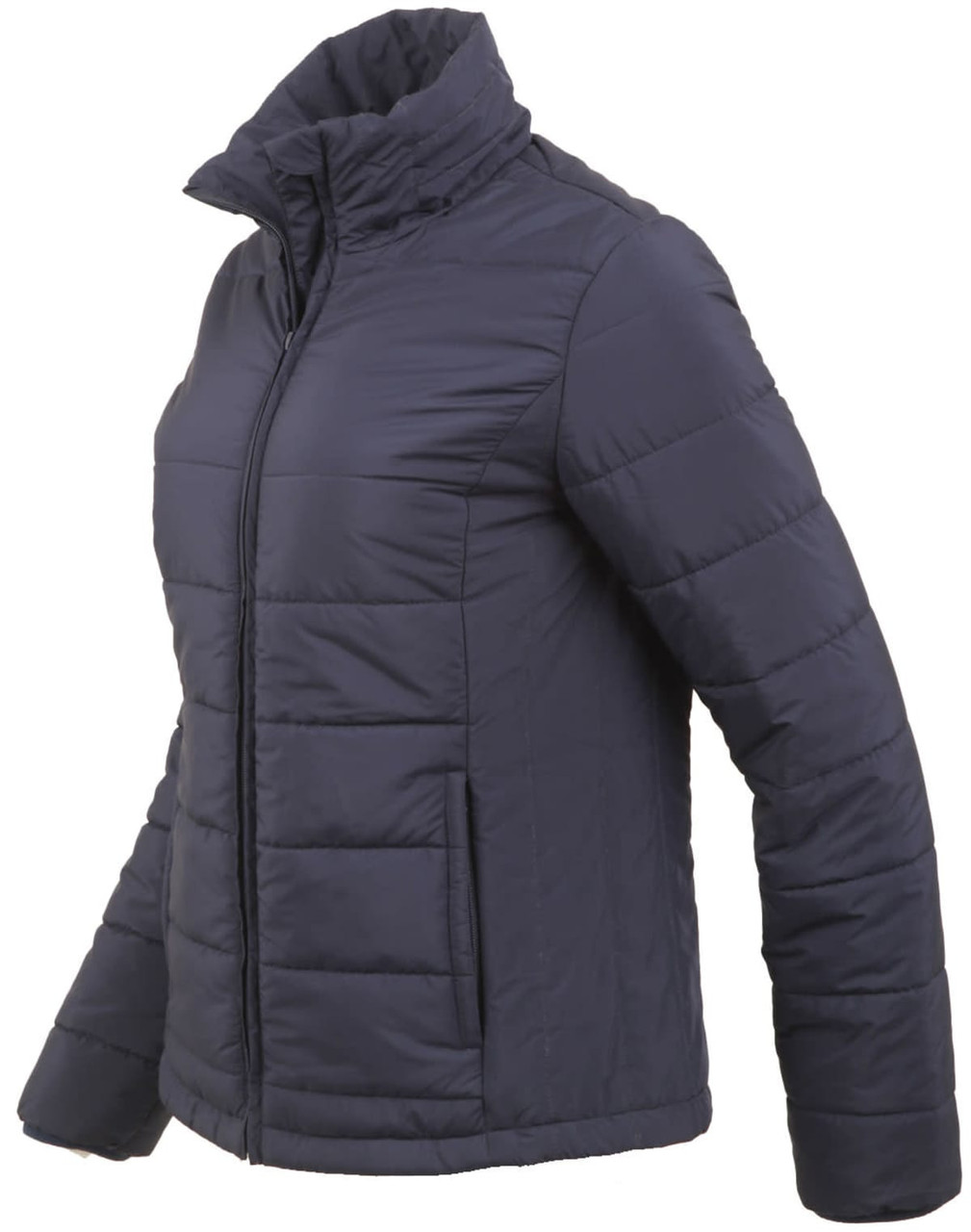 A ladies' sustainable insulated puffer jacket in navy blue with a 3D cut design and a logo.