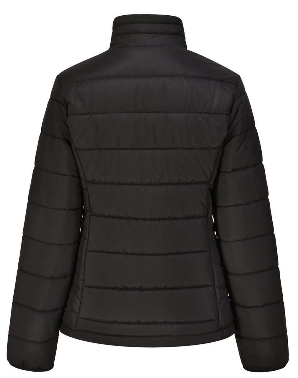 A black sustainable insulated puffer jacket featuring a 3D cut with a quilted design and a high collar.