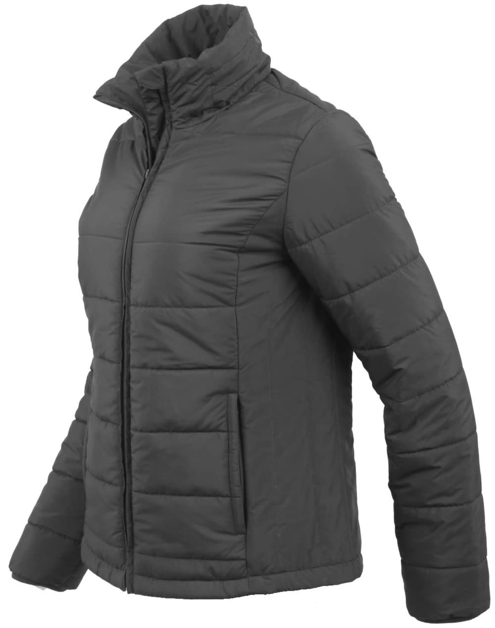A grey women's sustainable insulated puffer jacket featuring a 3D cut, with a zip front and side pockets.