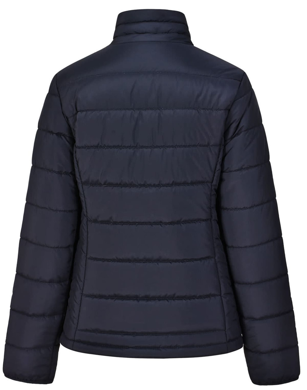 A navy blue ladies' sustainable insulated puffer jacket with a 3D cut and a logo on the back.