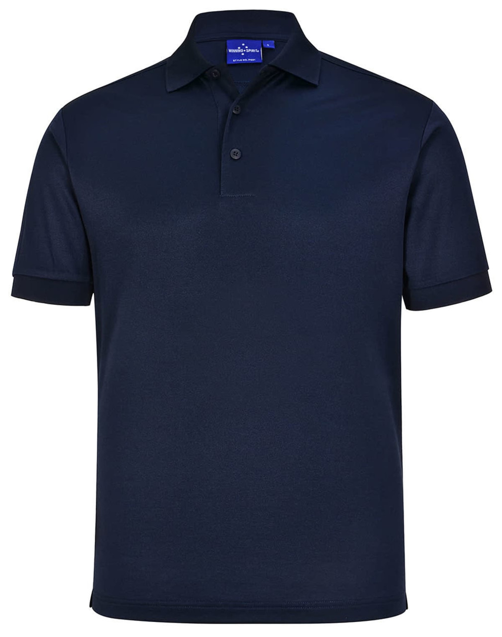 A navy blue short-sleeve polo shirt made from sustainable poly/cotton material with a collar and buttons.