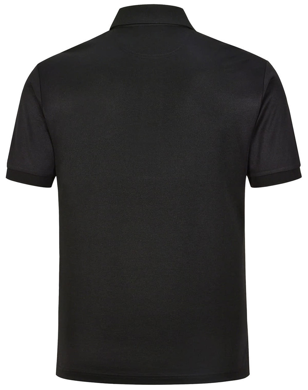 A black men's sustainable poly/cotton short-sleeve polo shirt with a simple design and a logo.