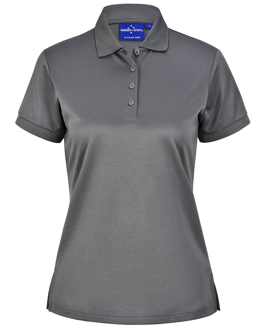 A grey ladies' short-sleeve polo shirt made from sustainable poly/cotton, featuring a collar and buttons, with a logo.