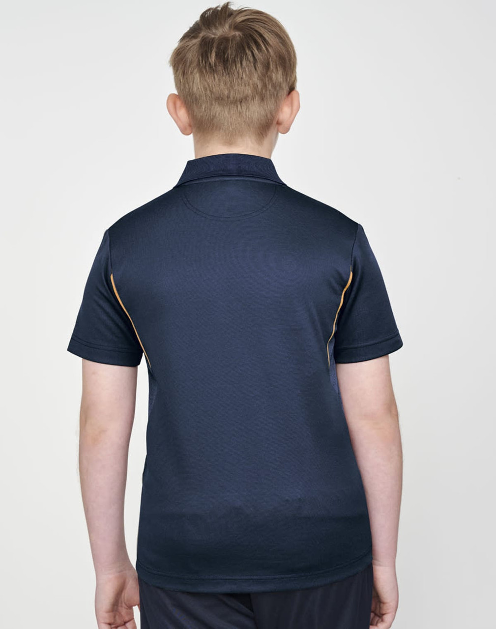 A navy blue kids' polo shirt with contrasting details, featuring a logo on the back.