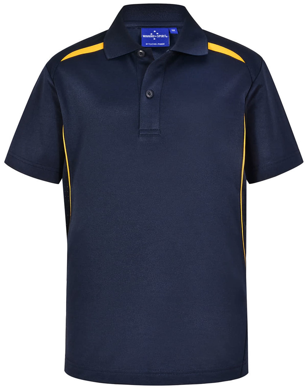 A navy blue short-sleeve polo shirt with yellow contrast detailing and a collar, featuring a branded logo.