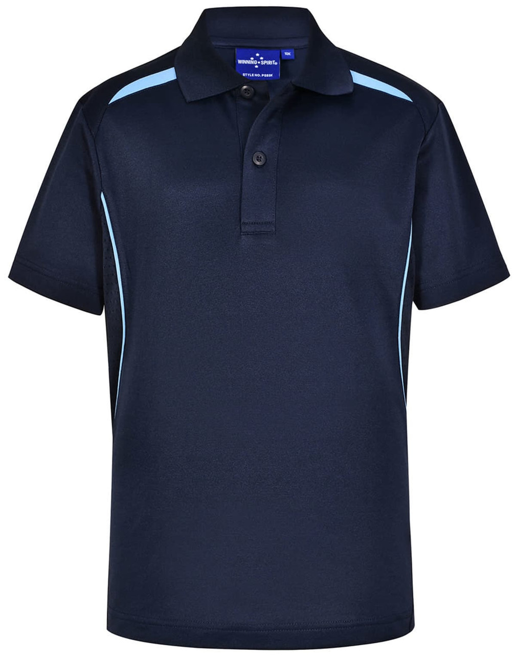 A navy blue polo shirt with light blue contrast accents and a standard collar. It features a logo on the front.
