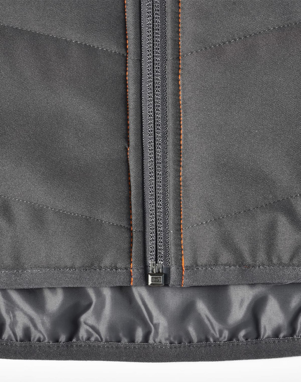 A grey quilted safety jacket with orange stitching, featuring a zip closure and a lining for added warmth.