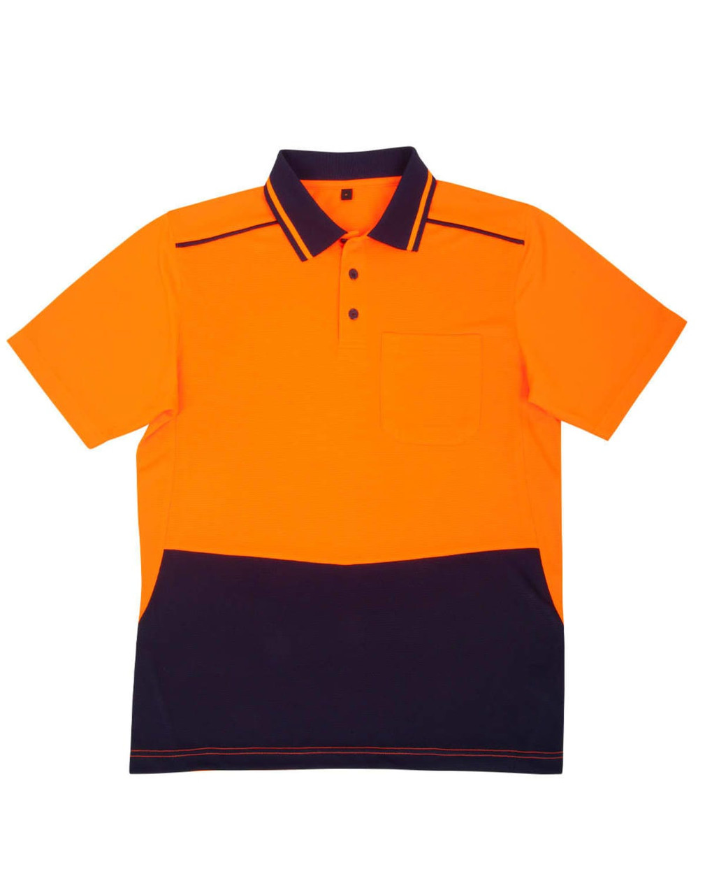 A unisex short-sleeve polo shirt in hi-vis orange with dark navy accents and a pocket, featuring a logo.