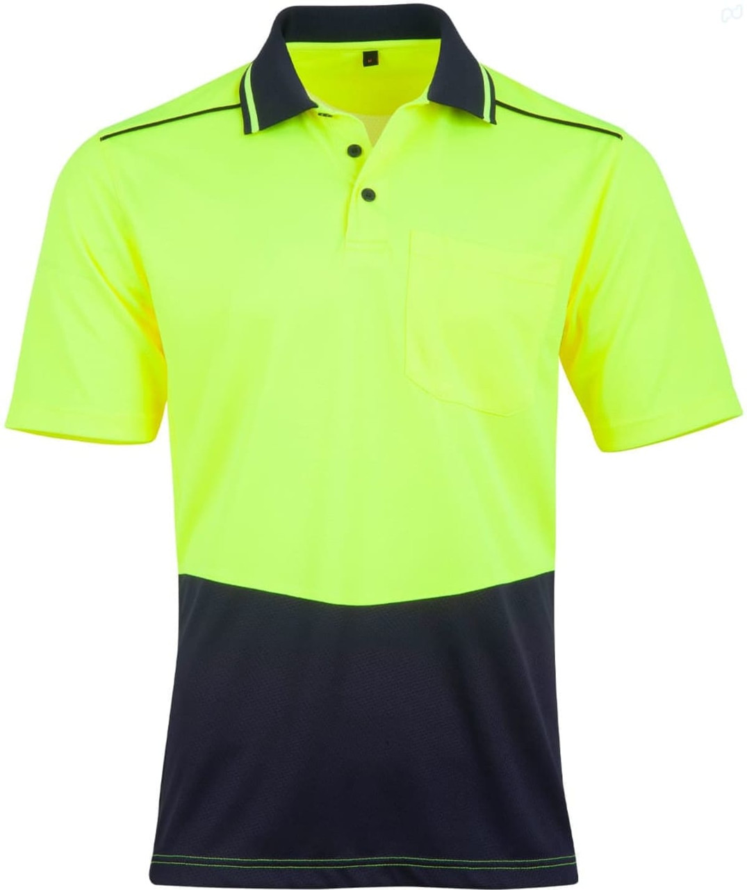 A bright yellow and navy blue unisex short-sleeve polo shirt with a chest pocket and contrasting collar. It features a logo.