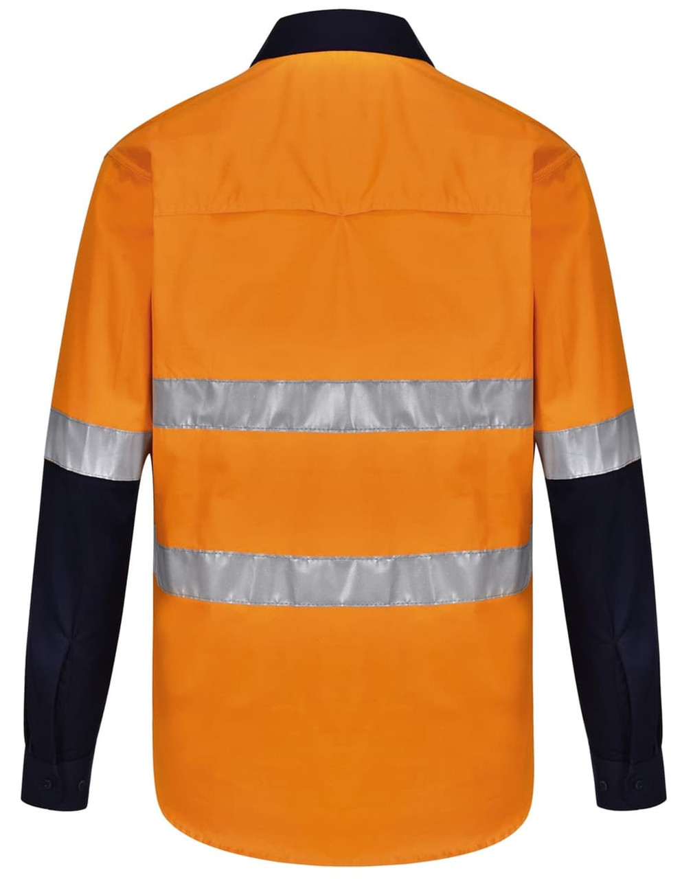 A bright orange long-sleeve safety shirt with navy blue sleeves and reflective tape across the front and back.