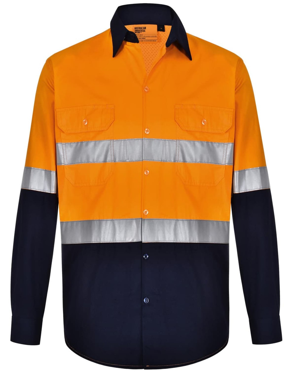 A high-visibility long-sleeve safety shirt in orange and navy, featuring reflective tape and a branded label.