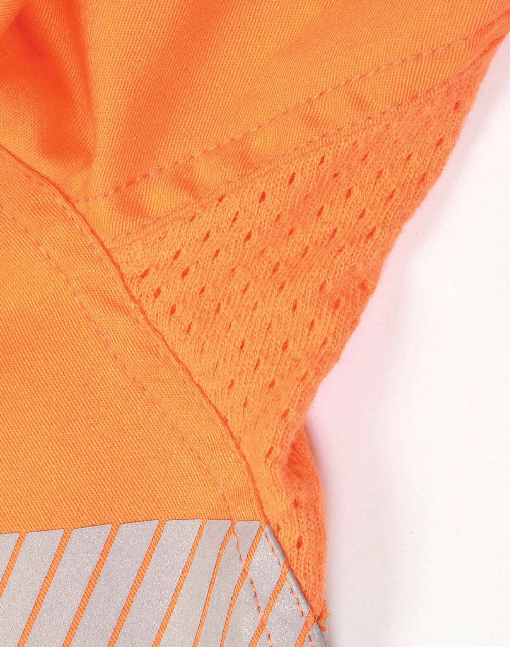 A close-up of an orange long-sleeve safety shirt featuring segmented reflective tape and breathable mesh fabric.