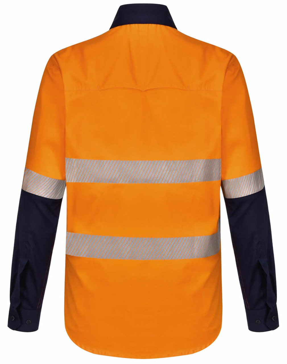 A long-sleeve safety shirt in orange and navy blue, featuring segmented reflective tape and a branding logo.